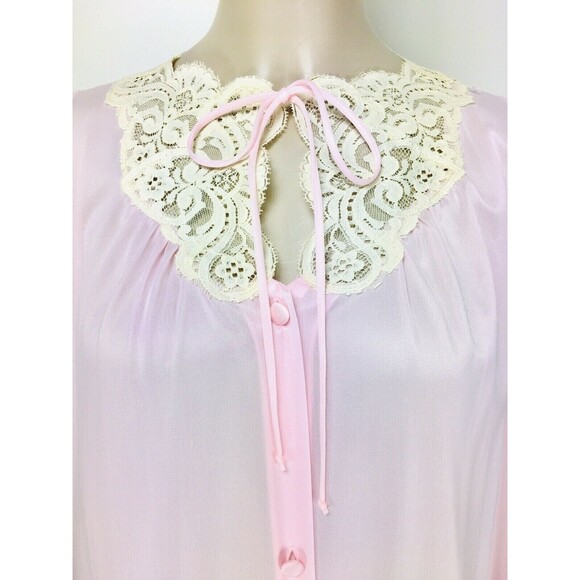Vintage Miss Elaine Pink Nylon Lace Trim Button-Down Peignoir Robe Size Medium - Picture 4 of 12